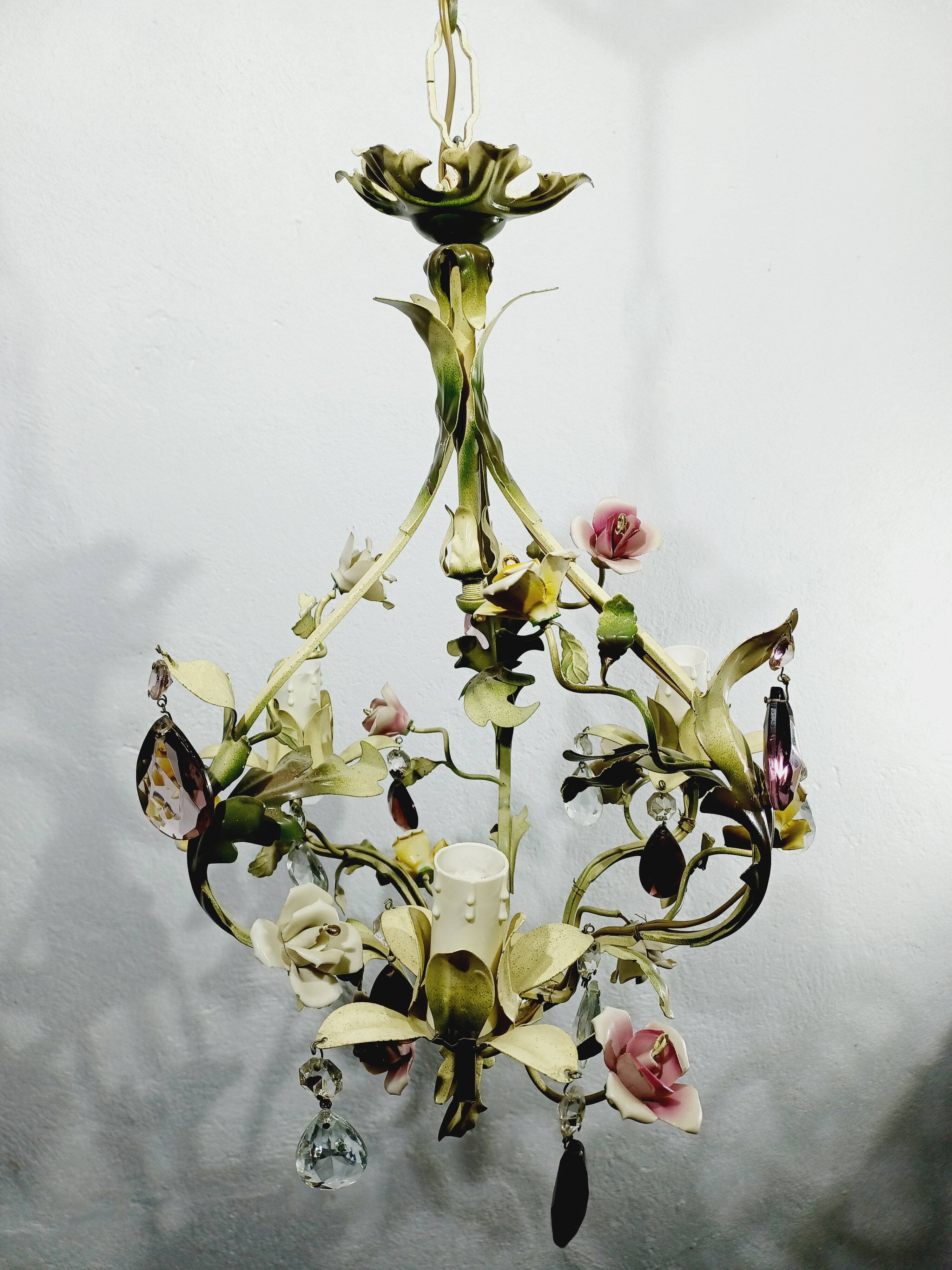 Wrought iron and porcelain chandelier