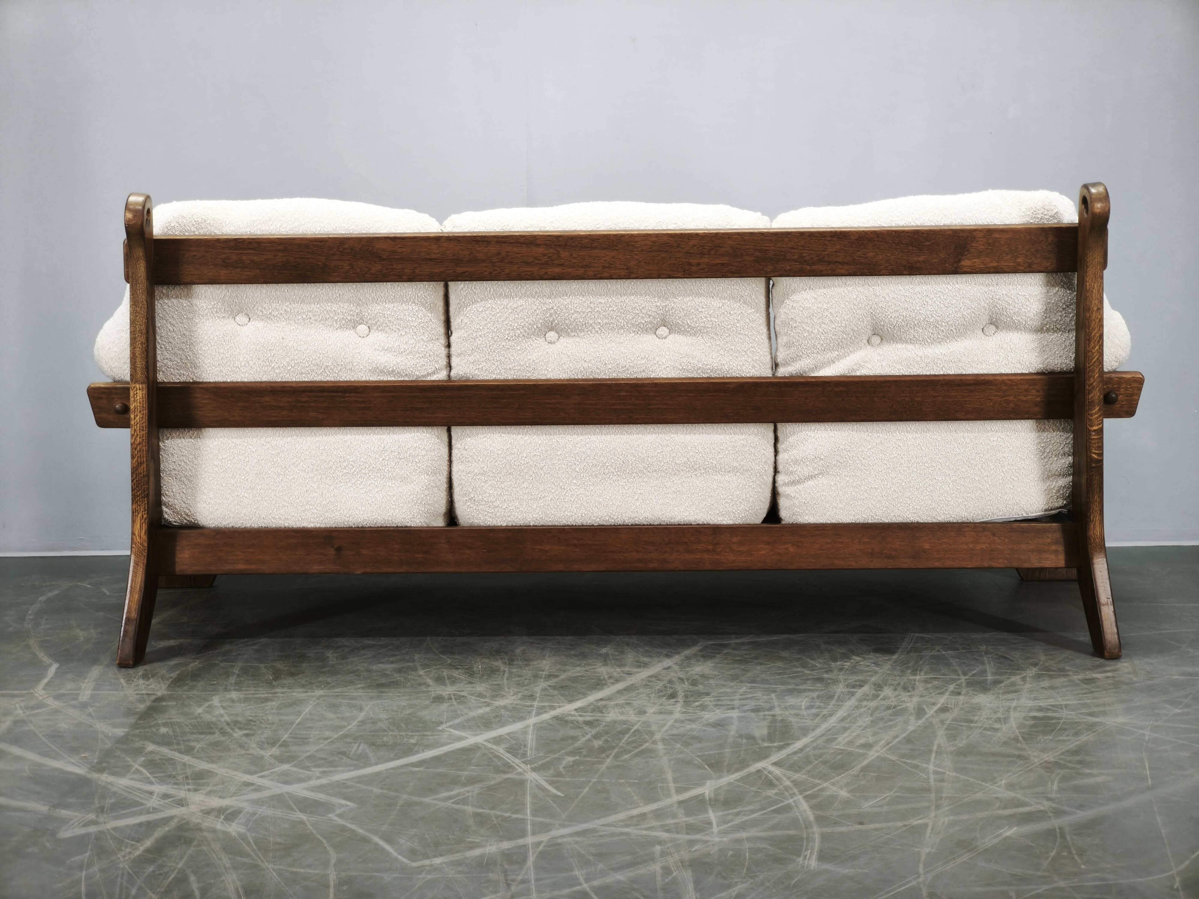 Brutalist Solid Oak and Bouclé Three-Seat Sofa, Czechoslovakia 1970s