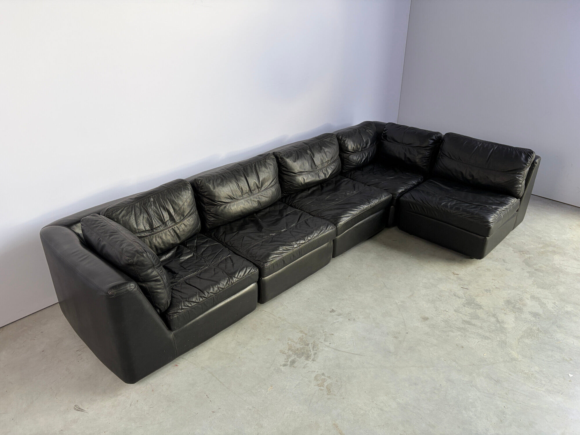 Vintage black leather modular sofa, 1970s