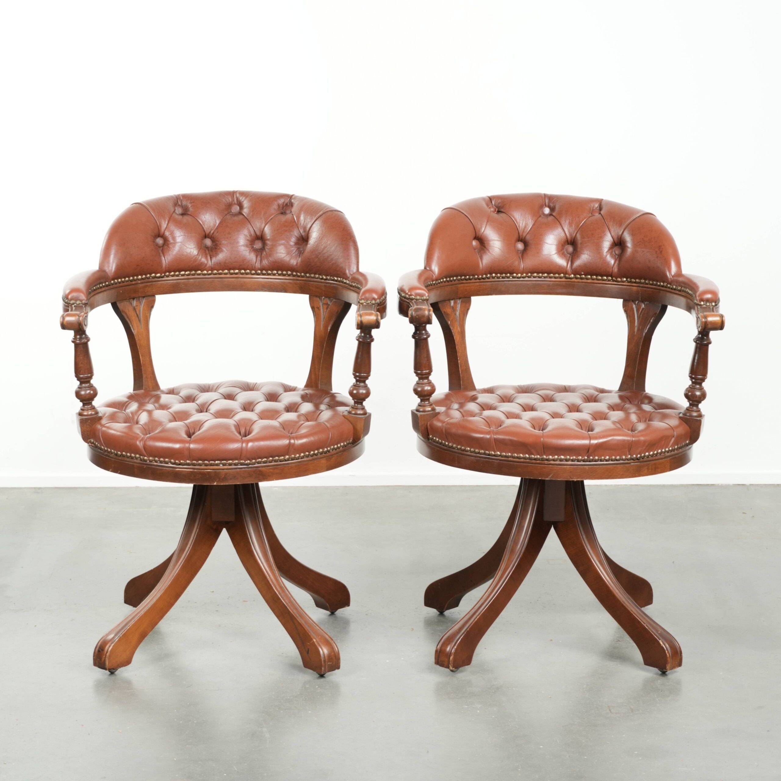Set of 2 swivel cowhide English style chesterfield office chairs