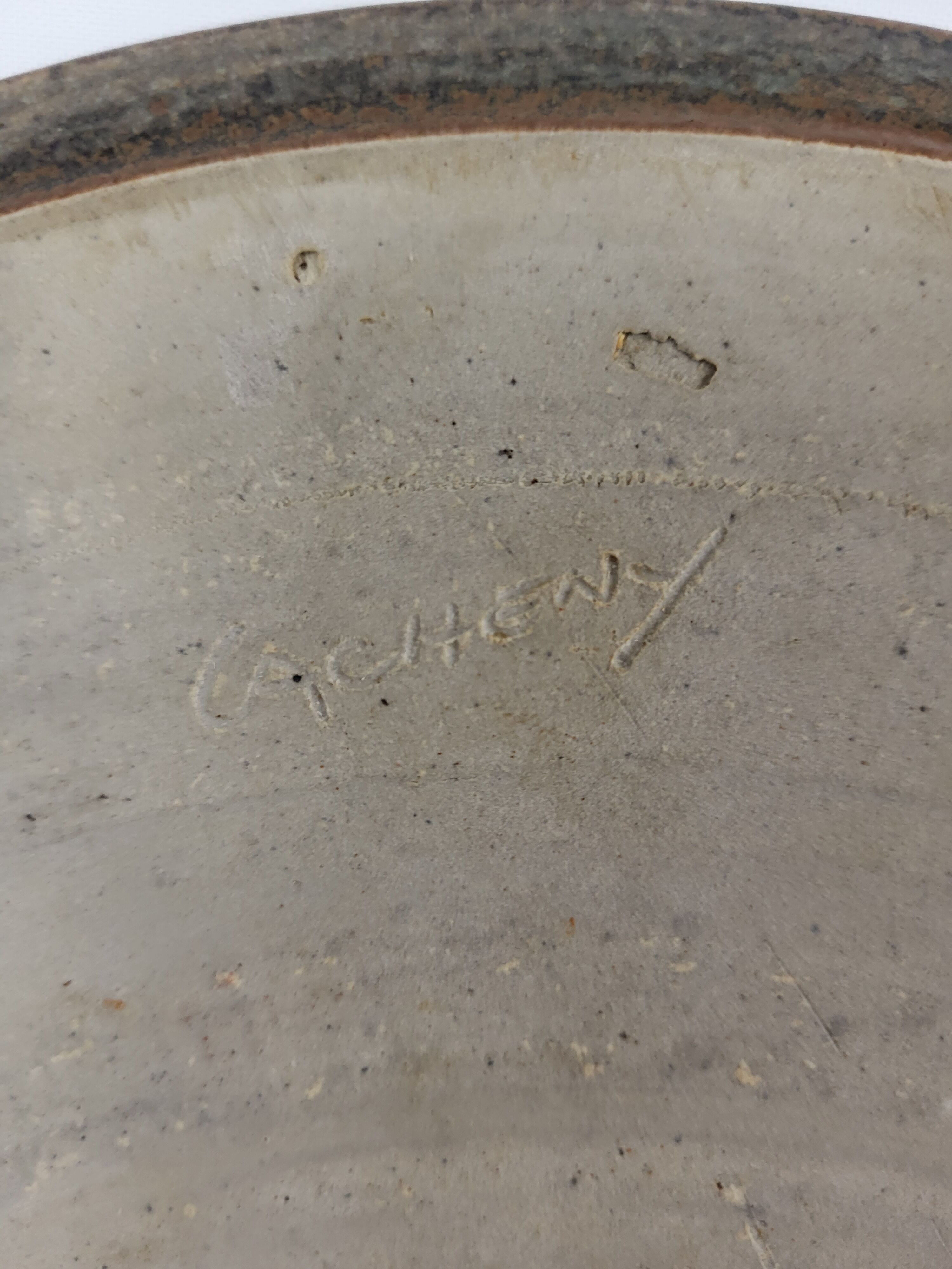 Puisaye stoneware pie dish signed Lacheny