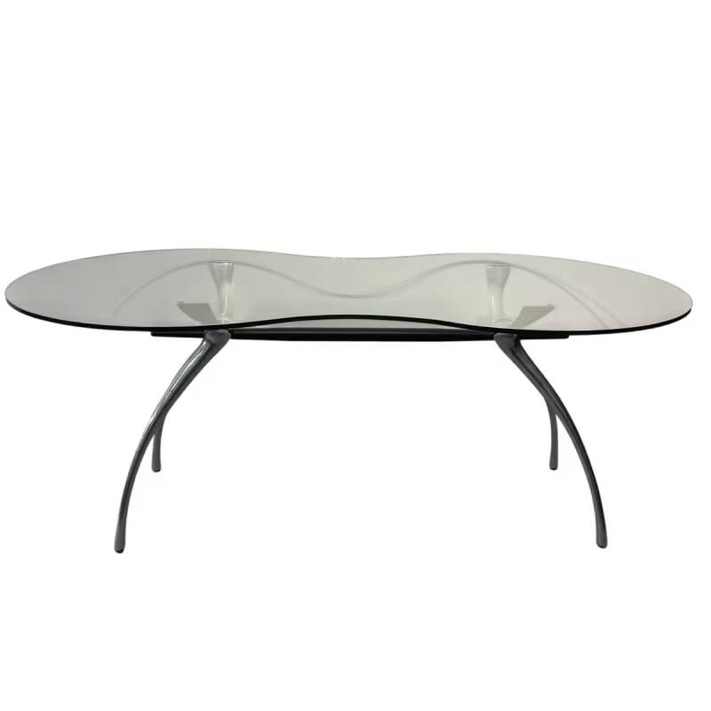 Bernard dequet, table bureau en aluminium brossé et verre "rognon", design