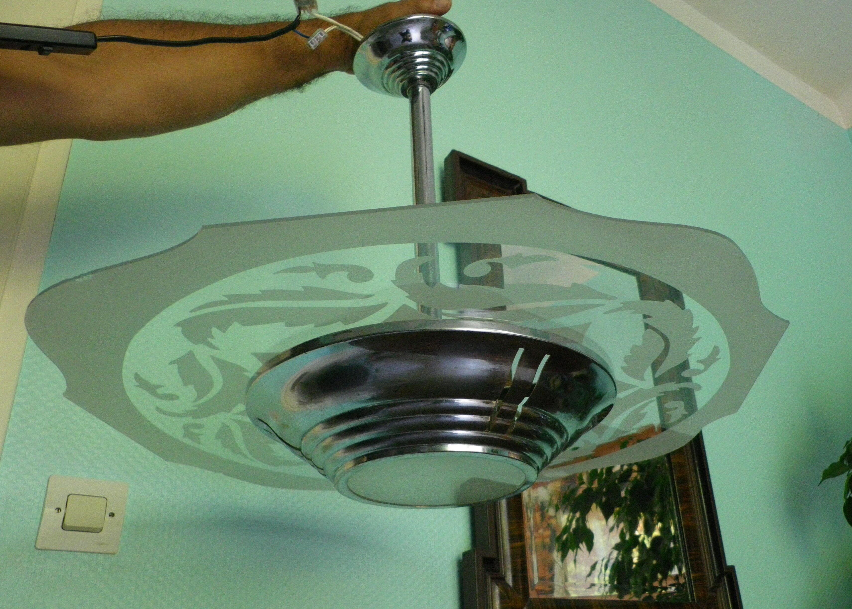 Art deco chandelier from the 1920s with transparent and opalized glass, silver metal structure
