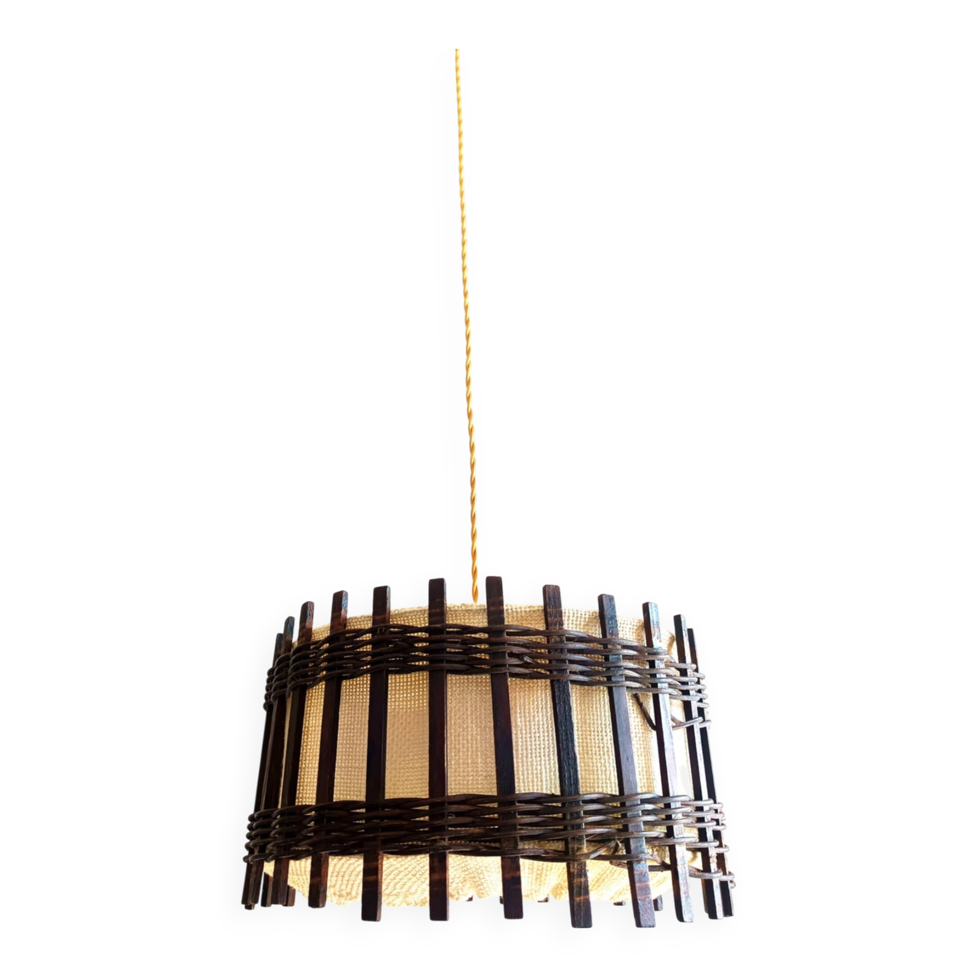 Wood and burlap pendant light, 1970