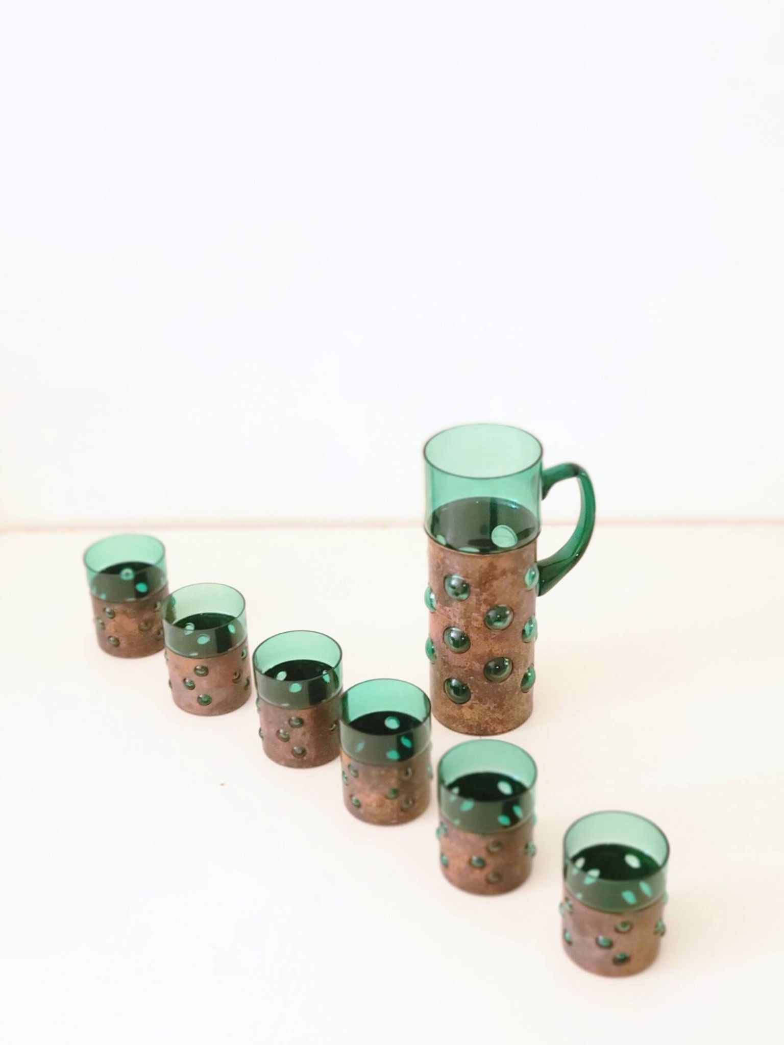 Vintage brutalist drinks set of green glass and patinated copper