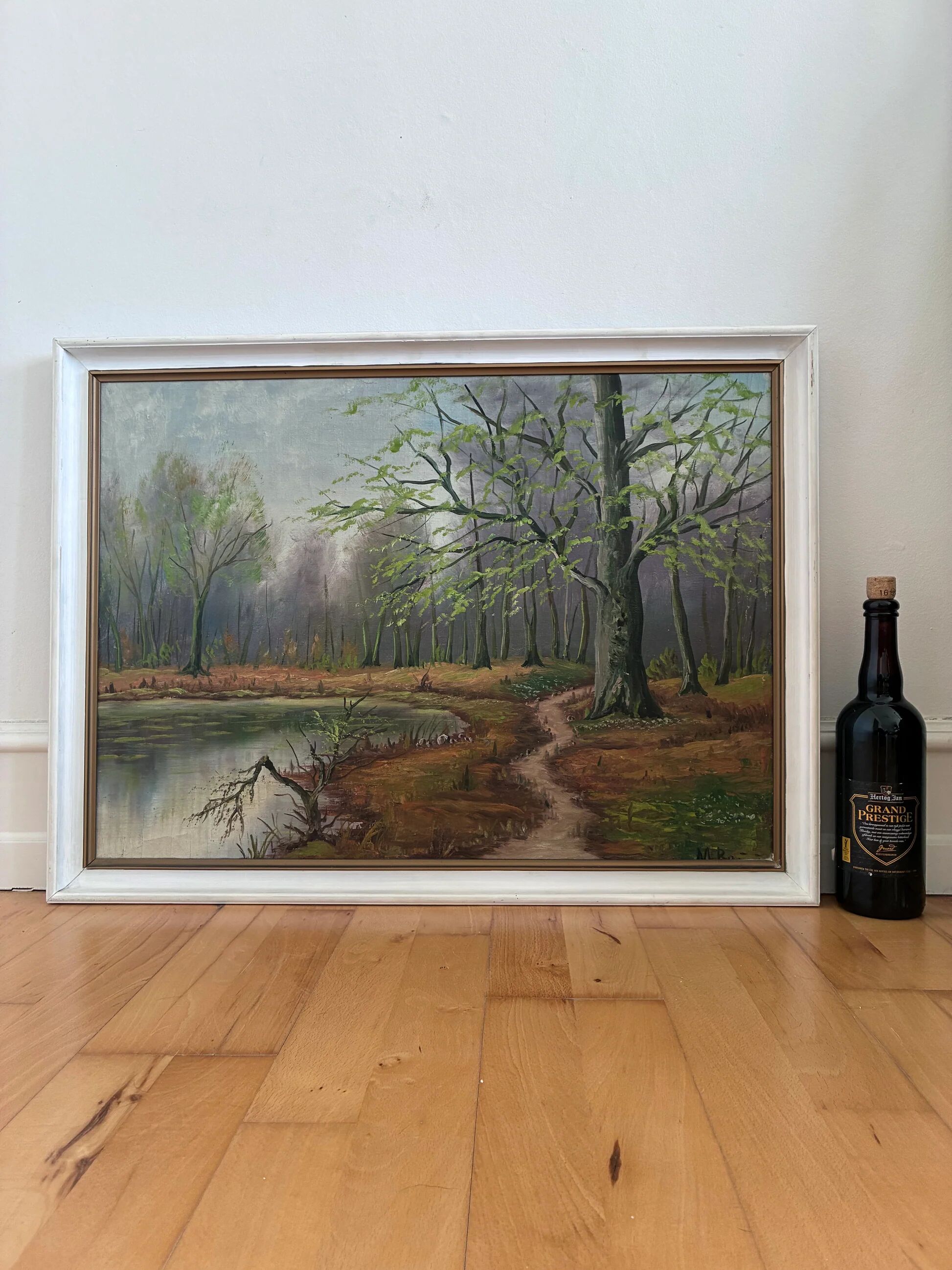 Vintage original forest landscape oil painting, circa 1960s