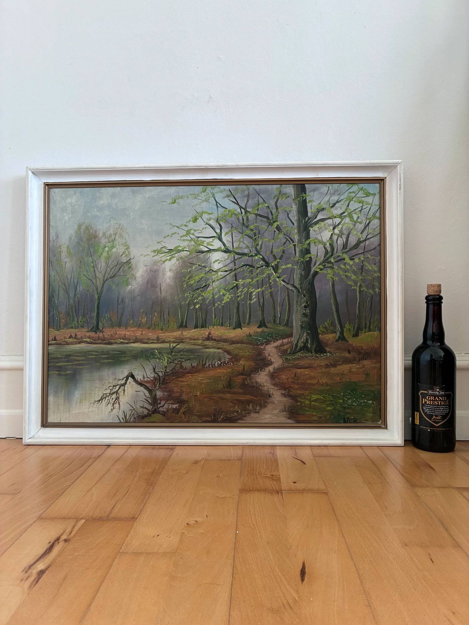 Vintage original forest landscape oil painting, circa 1960s