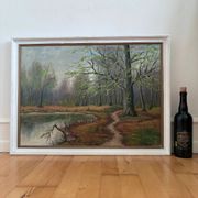 Vintage original forest landscape oil painting, circa 1960s