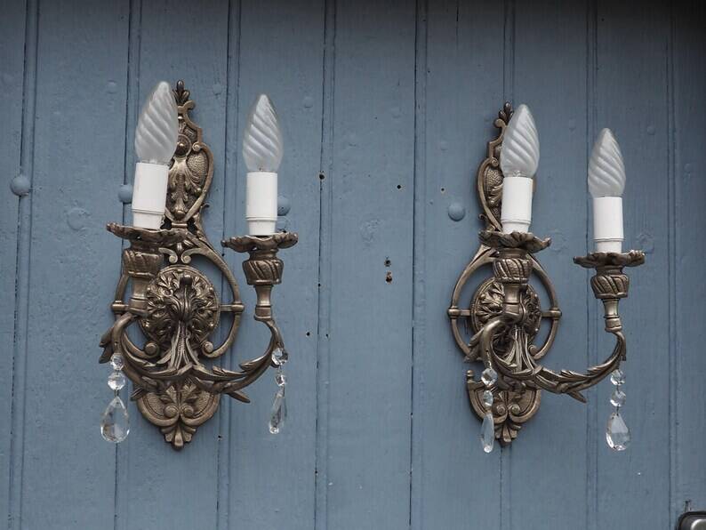 Italian Hollywood Regency Crystal Wall Lights – Silvered Metal Double Arm Light
