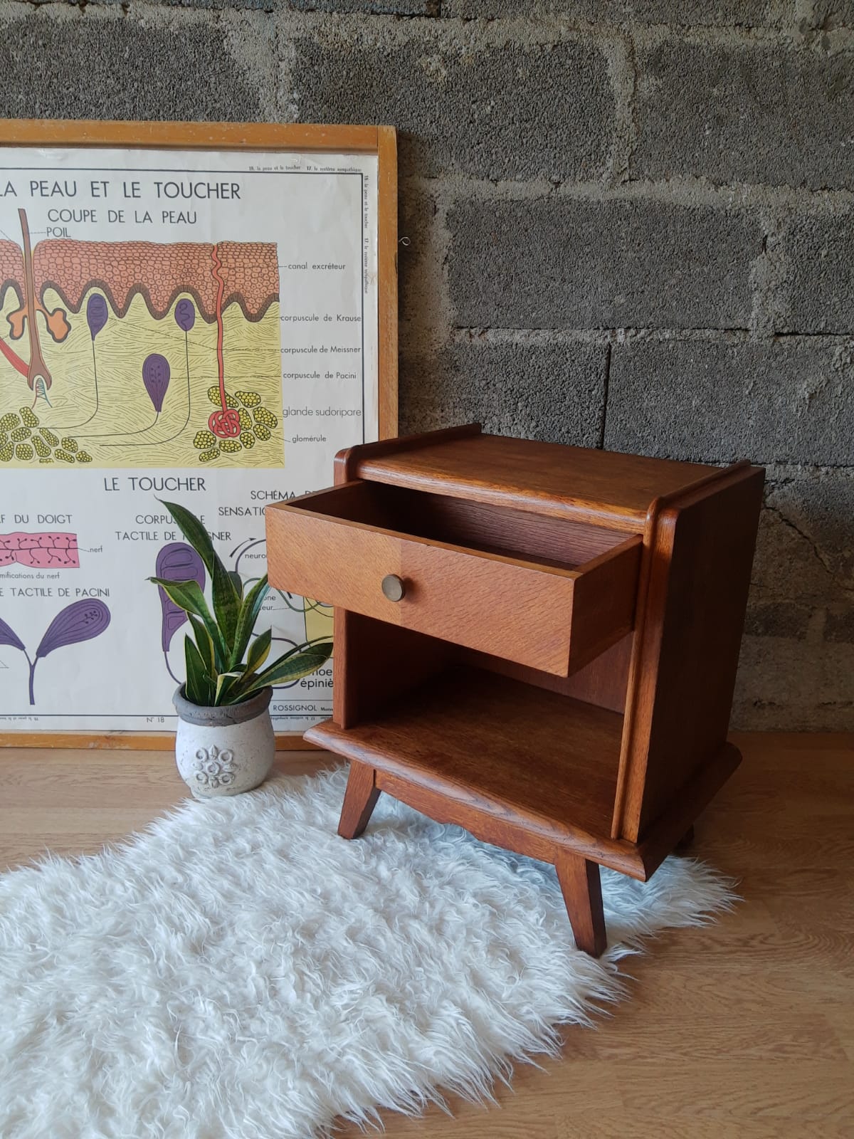 Bedside table oak compass legs - vintage
