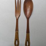Antique wooden salad servers with earthenware handles, handcrafted