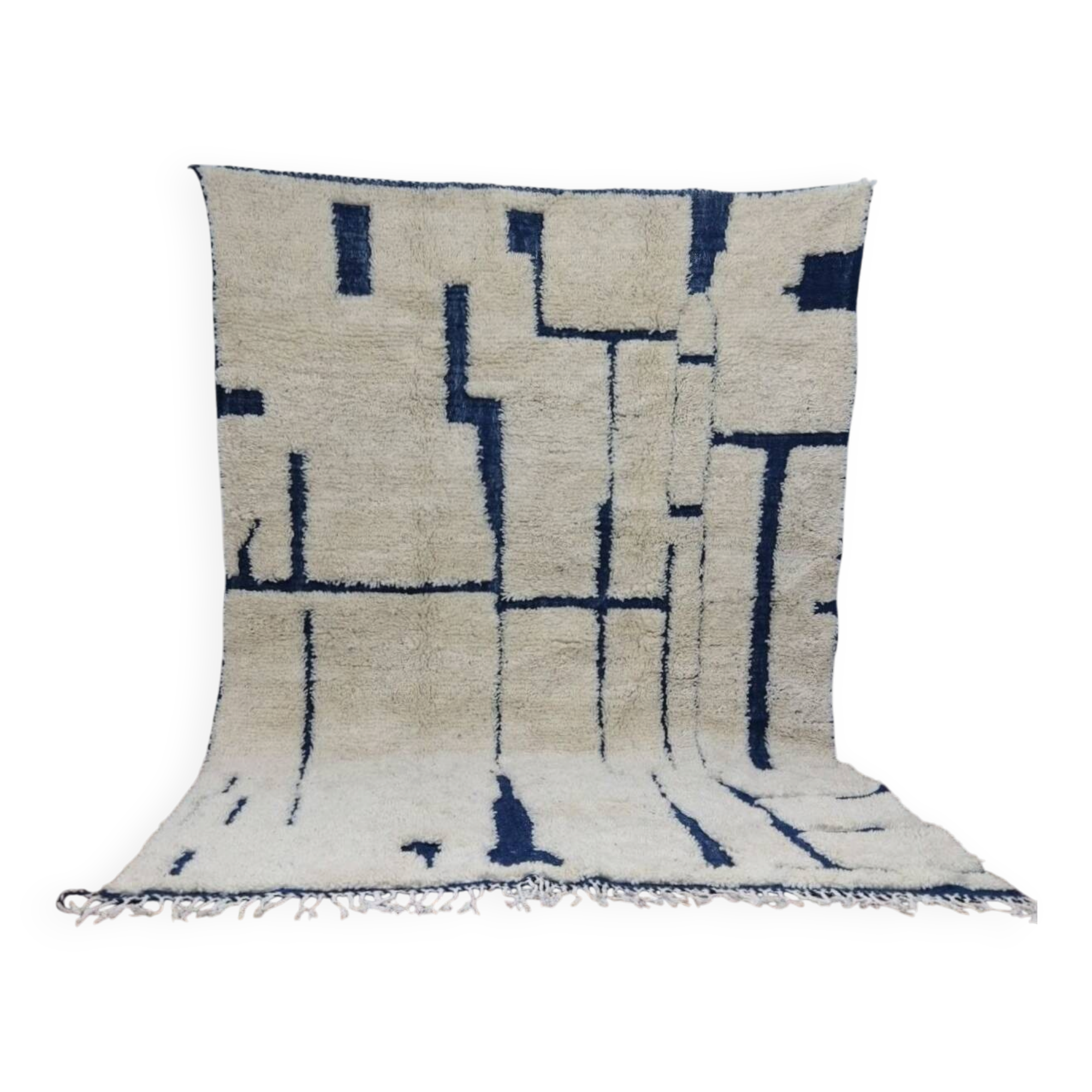 Tapis berbère marocain en laine écru et bleu – 283 x 188 cm