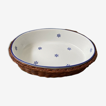 Oval ceramic dish decorated blue flowers with wicker basket