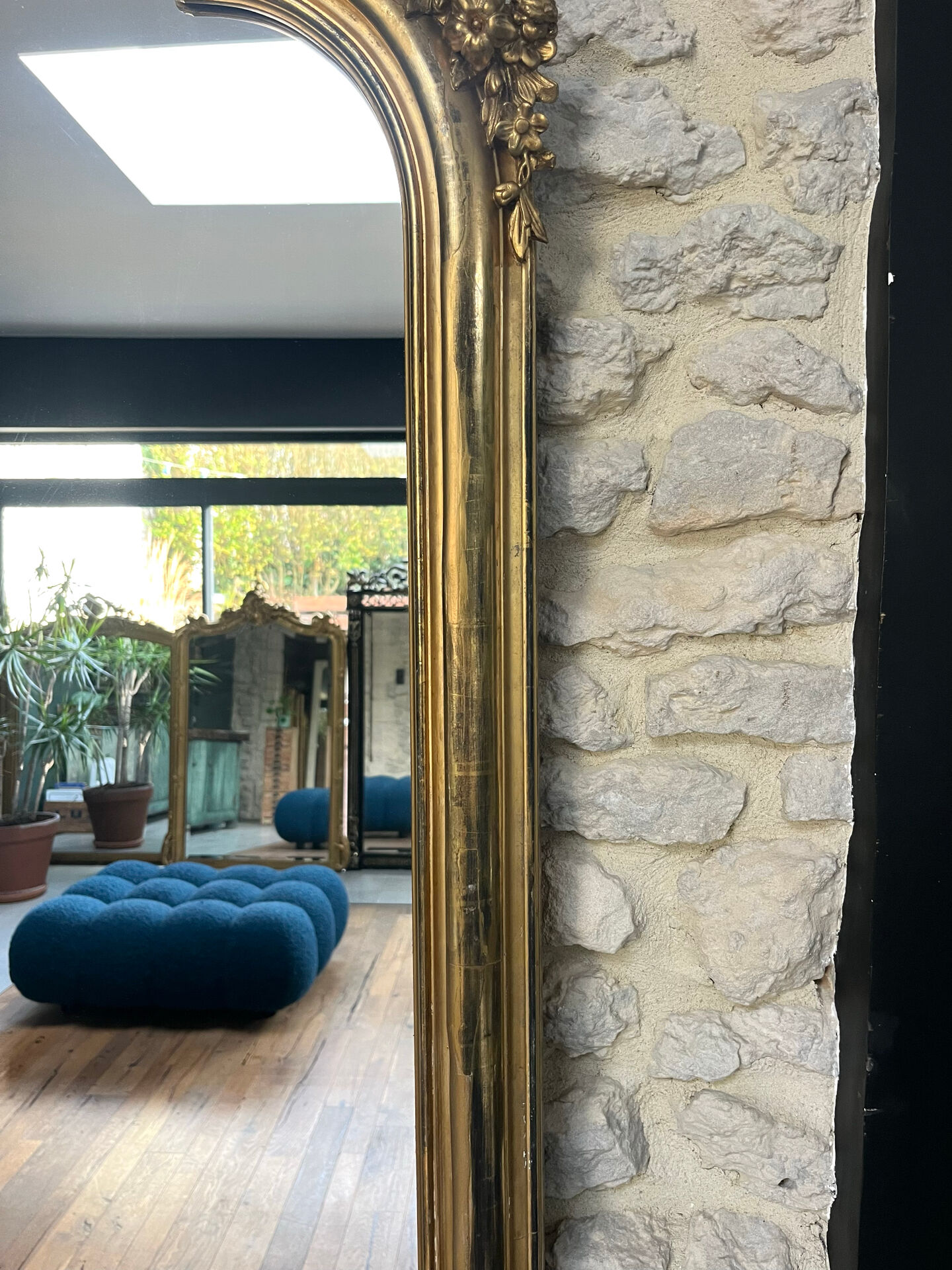 Gold leaf mirror with pediments, 219/131cm, overmantel.
