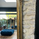 Gold leaf mirror with pediments, 219/131cm, overmantel.