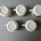 Lot de 5 tasses à café, décor torchon vert, années 70