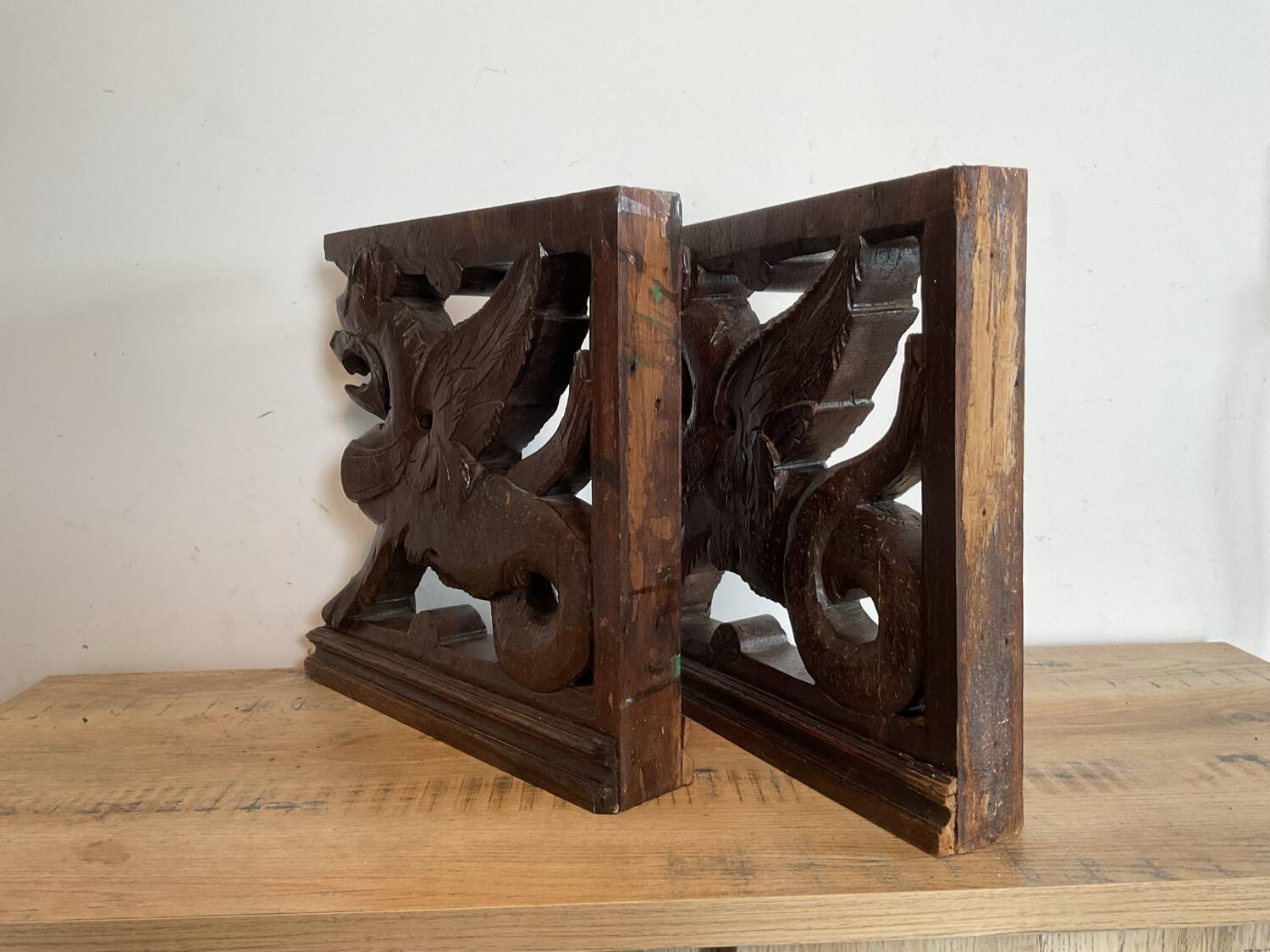 Pair of wooden sculptures, Winged Griffins — 19th century