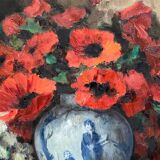 Tableau grand format. "Nature morte aux coquelicots".