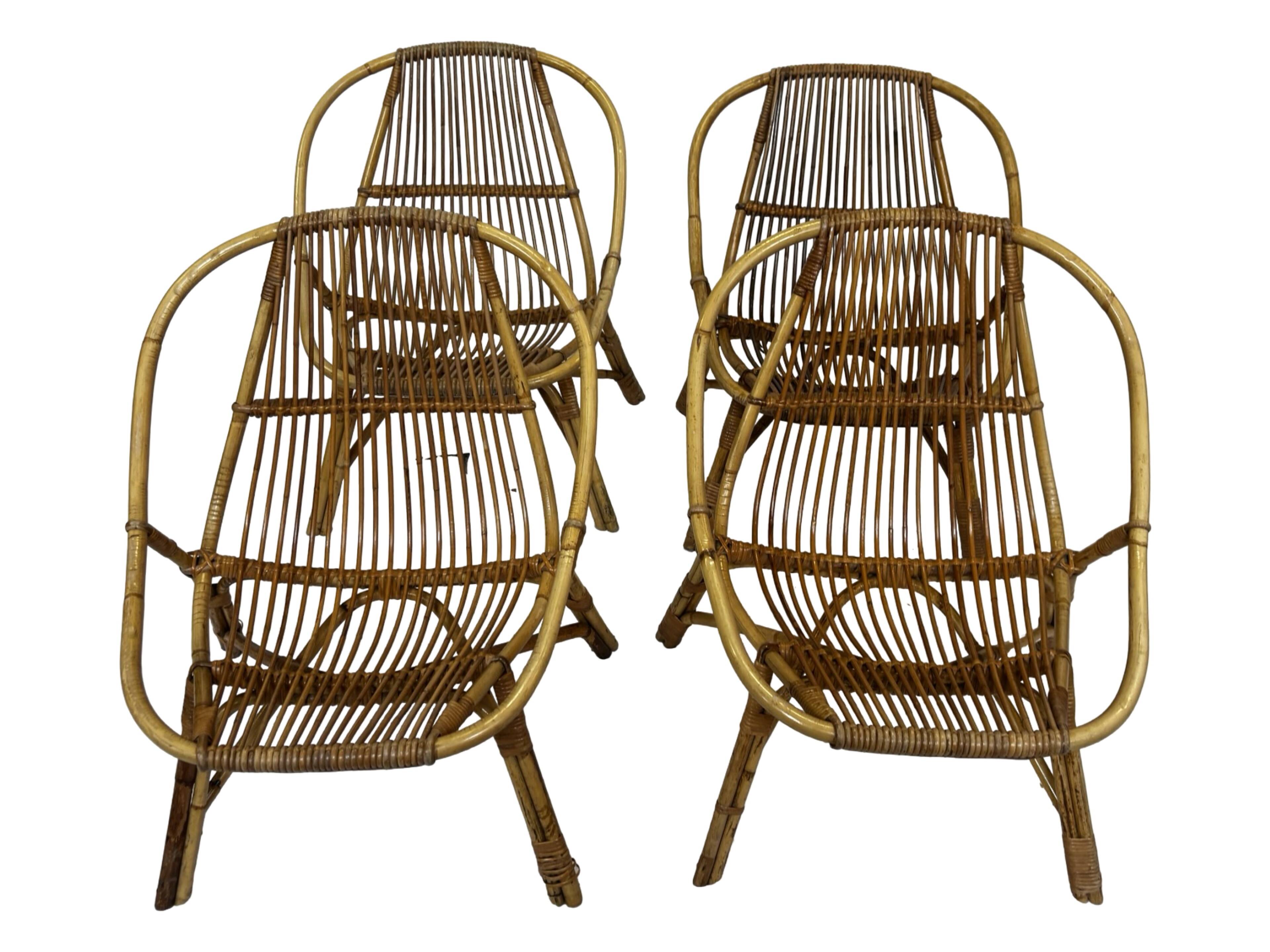 Ensemble vintage de 4 fauteuils club en rotin Rohe Noordwolde 1960