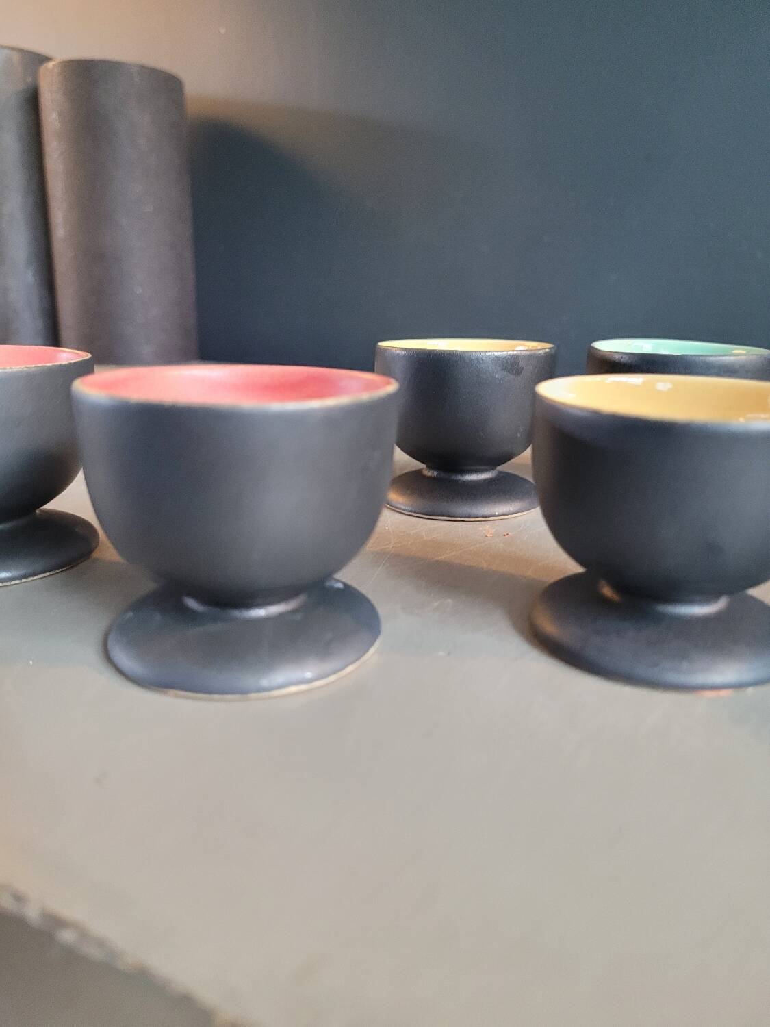Set of 6 black and colored ceramic egg cups