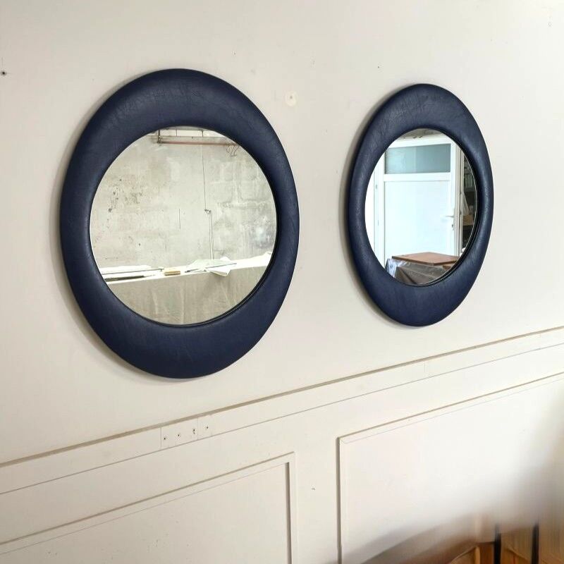 Oval wall mirror 1970s blue faux leather