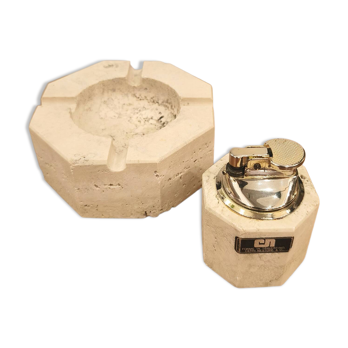 Travertine ashtray and lighter, design by Cerri Nestore, 1970.