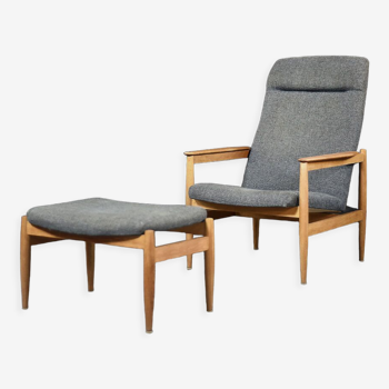 Vintage mid-century scandinavian swedish modern oak & fabric carlton armchair with ottoman from ikea