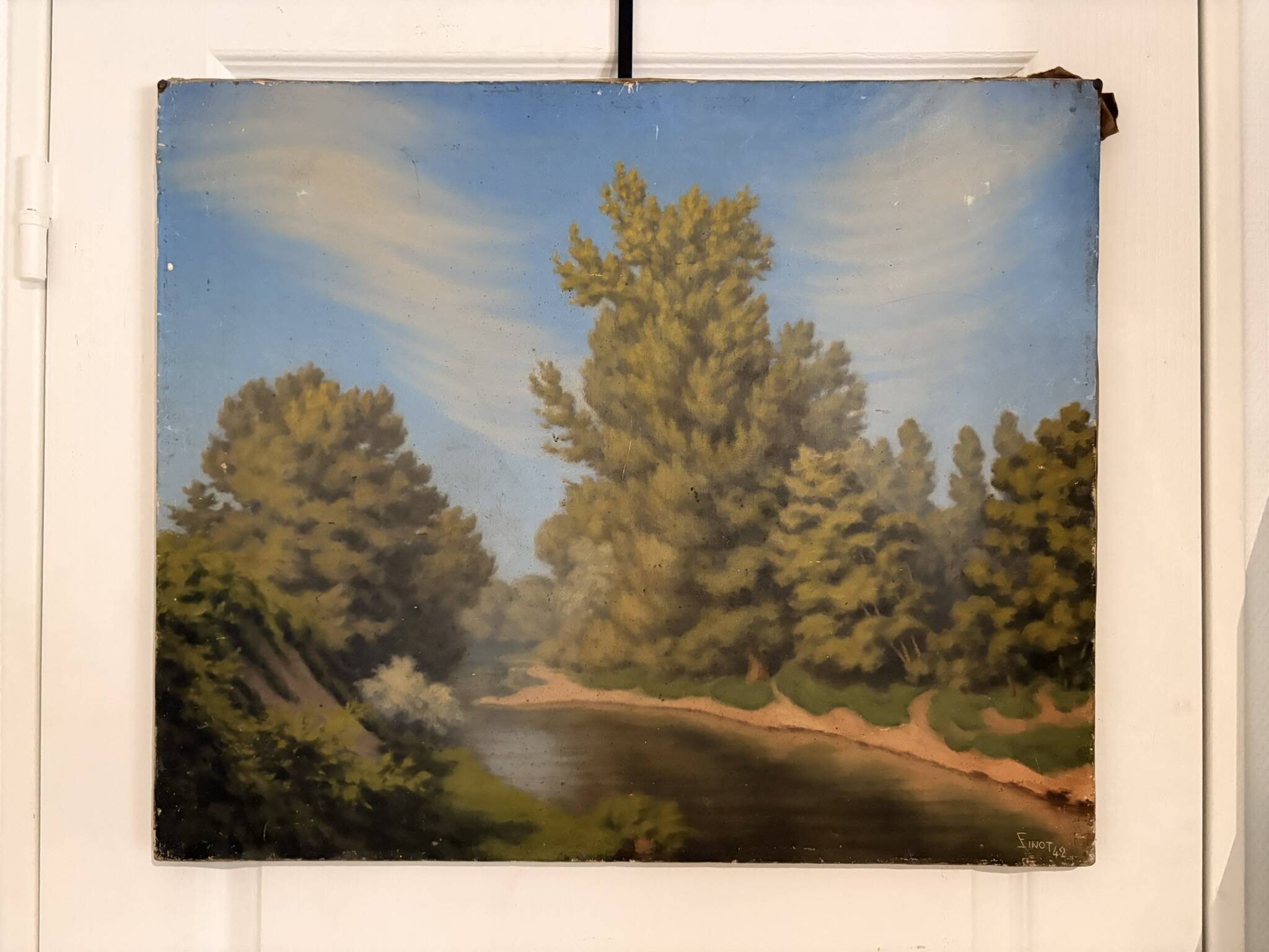 Tableau Peinture Huile Toile champêtre Lac Rivière Campagne Arbre Chemin 19