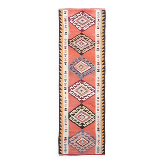 3x10 Turkish Orange & Burgundy Kilim Runner Rug, 92x302Cm