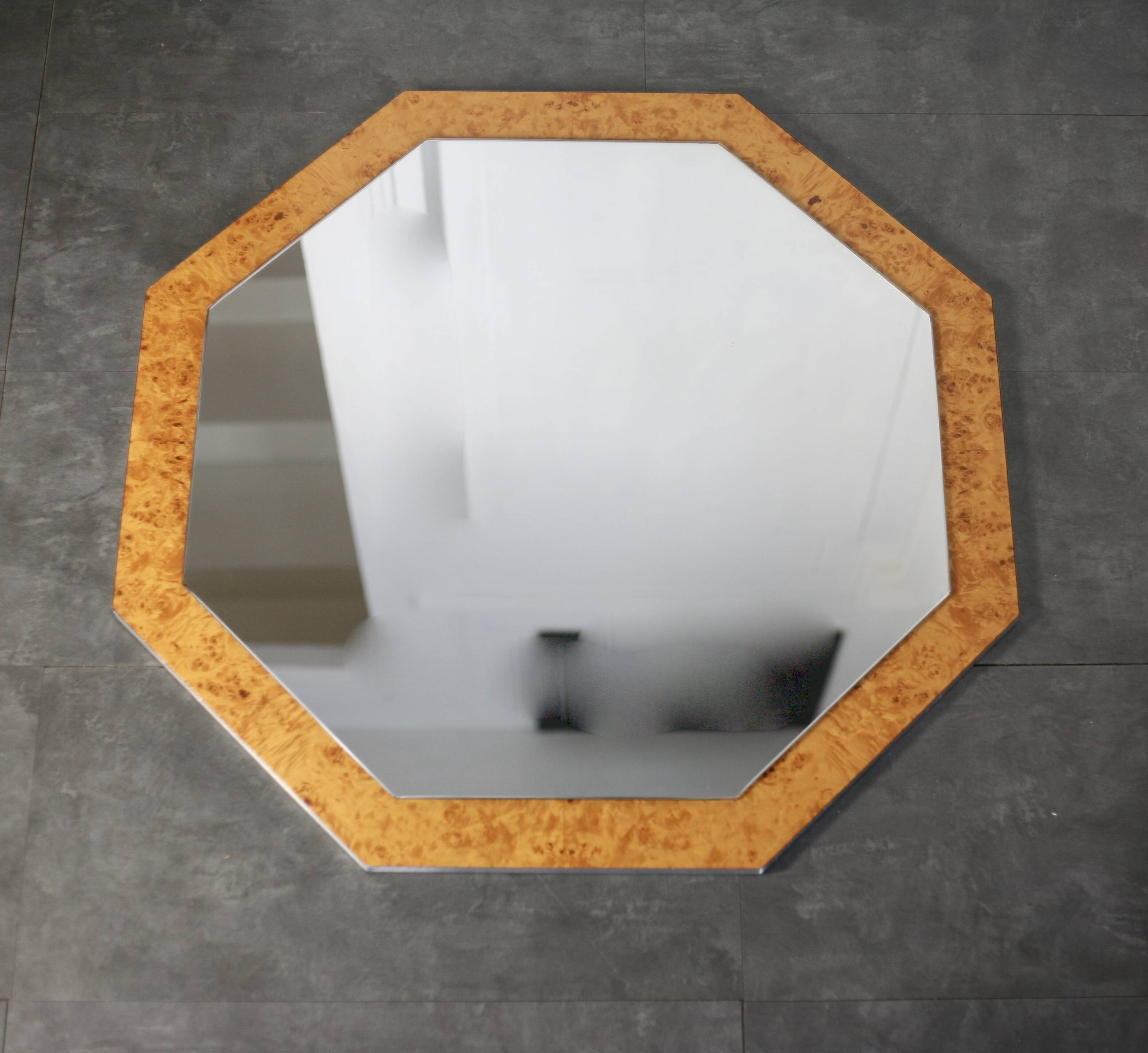 70s mirror, burl wood, metal frame