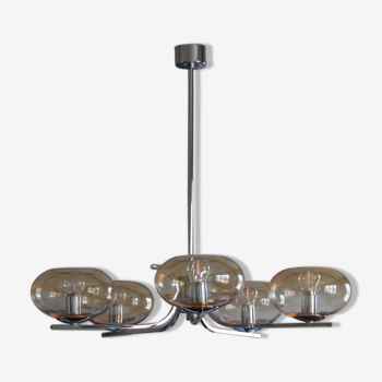 Chandelier chrome globe smoked glass gold 5 lights vintage luminaire old restored seventies