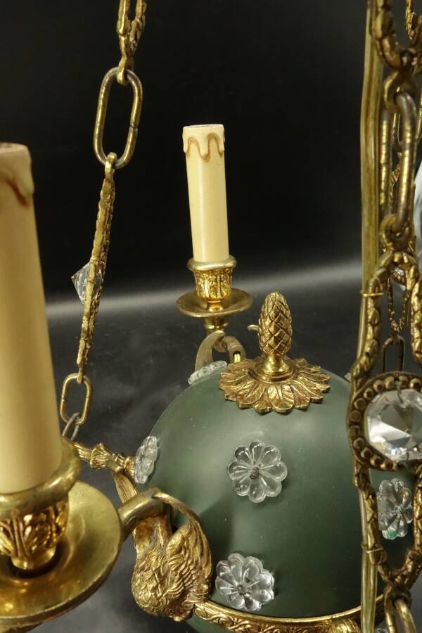 3-light chandelier with swan heads, Empire style - bronze & glass