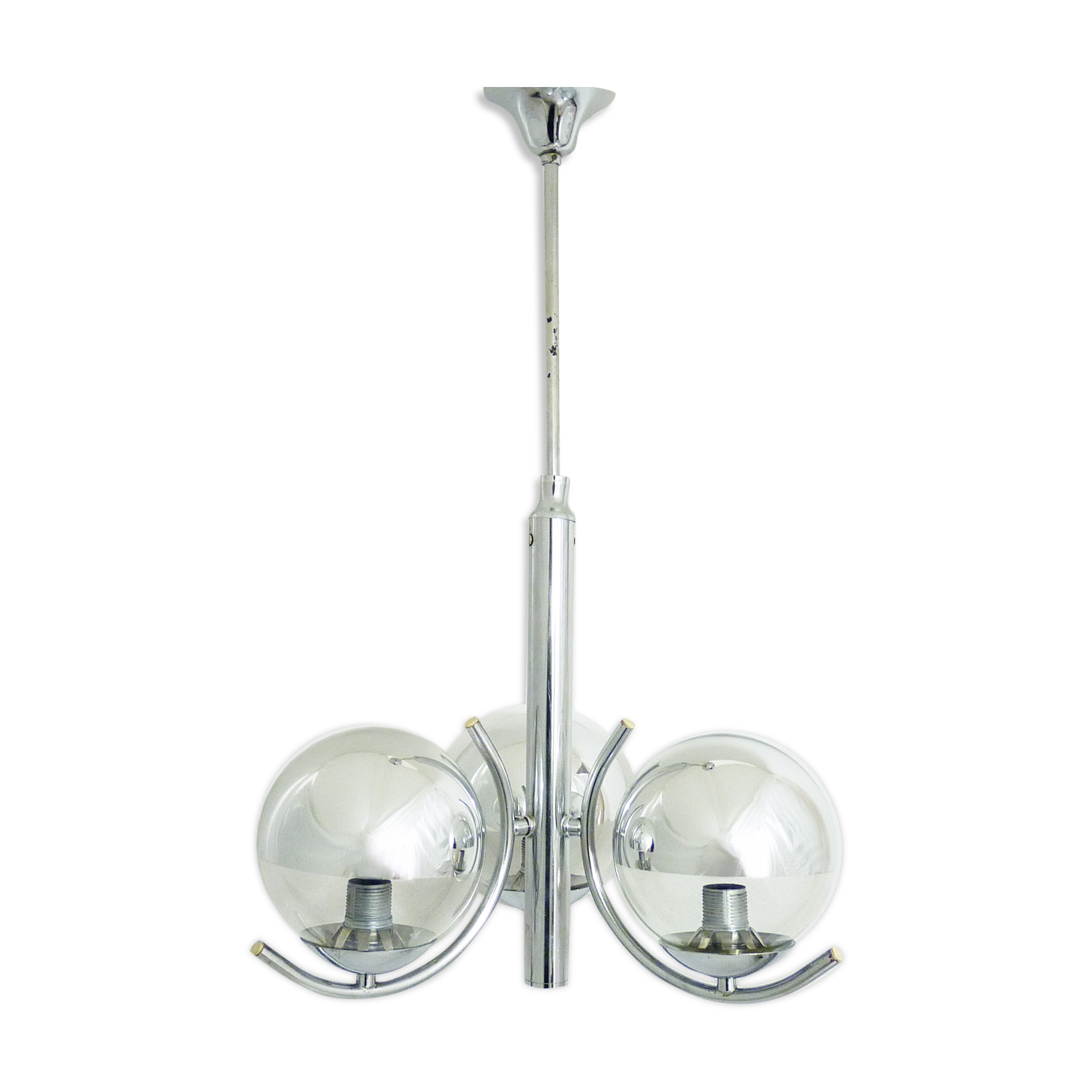 Old 3-branched chandelier in chrome metal and mirrored chrome globe, year 70