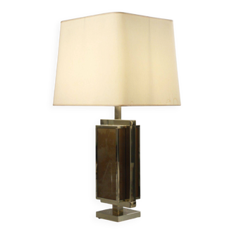 Philippe Cheverny large brass lamp with eglomisé glass, France 1970s