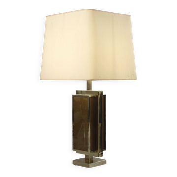 Philippe Cheverny large brass lamp with eglomisé glass, France 1970s