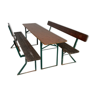Vintage German beer table and benches with backs in brown