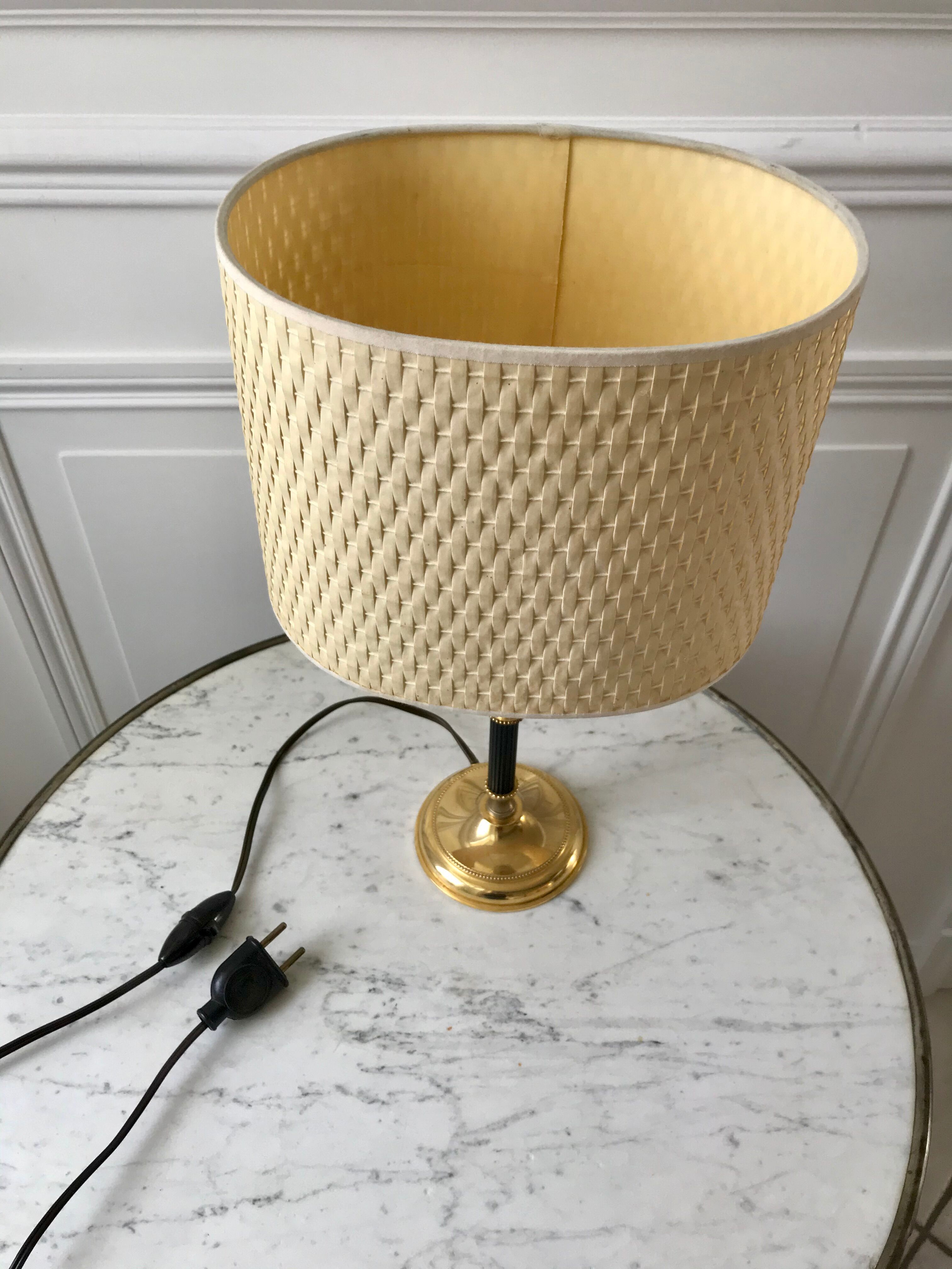 Brass and black metal lamp with woven lampshade woven 50s