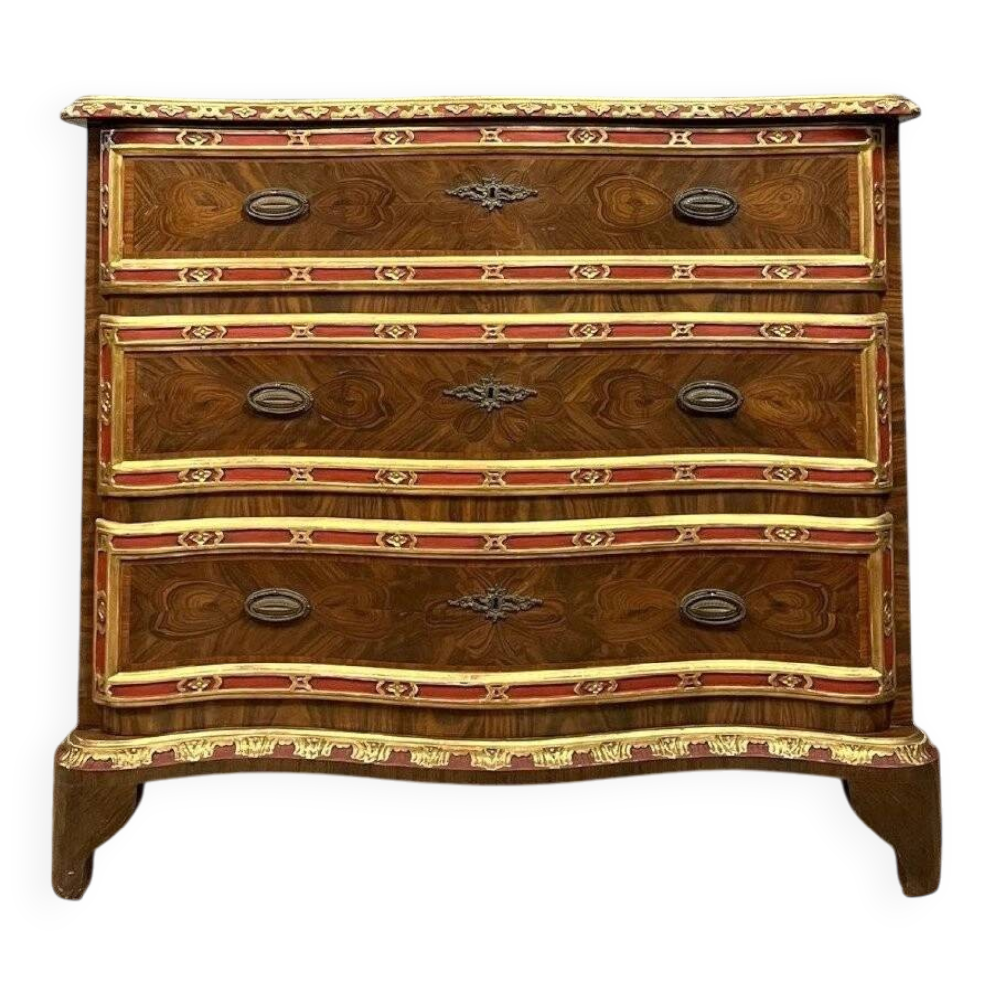 Louis XV style curved chest of drawers in rosewood and rosewood marquetry