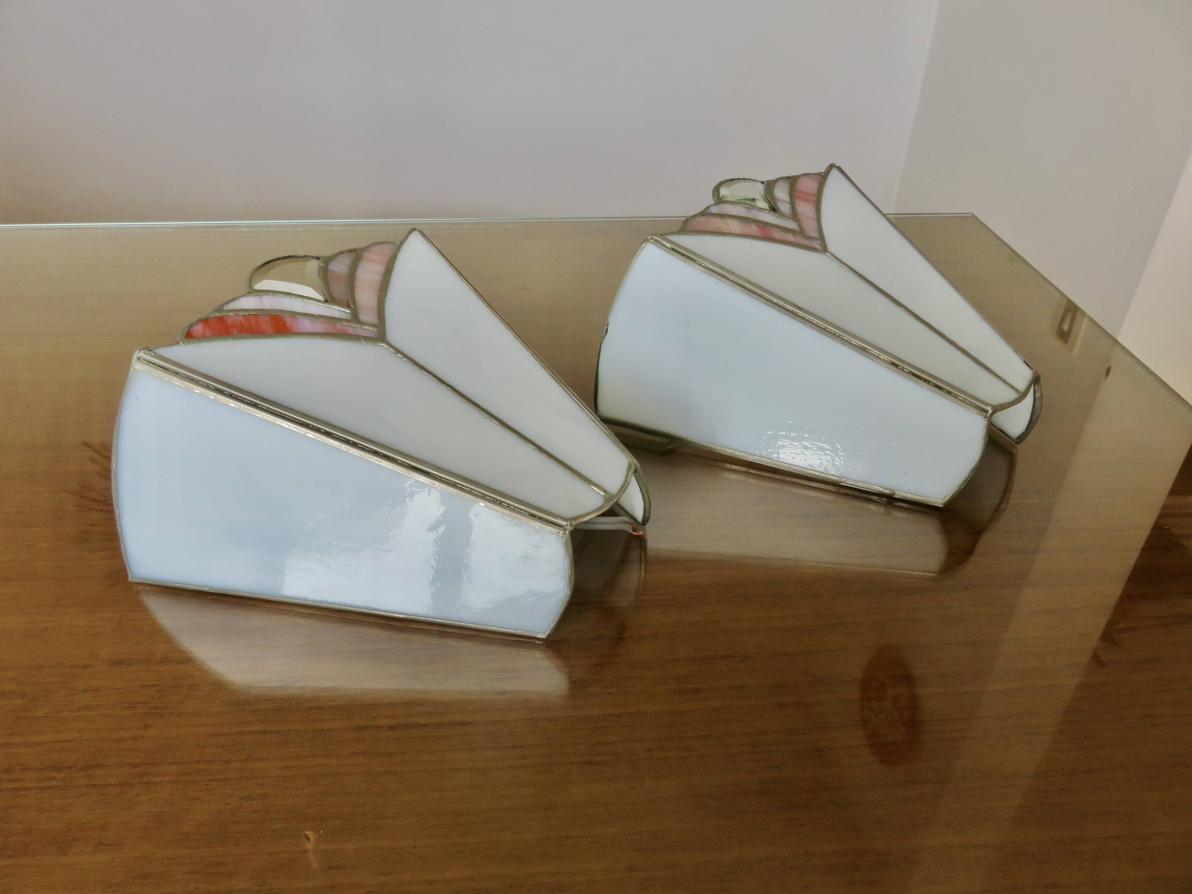 Pair of white and pink glass paste wall lights, Italy, Art Deco style