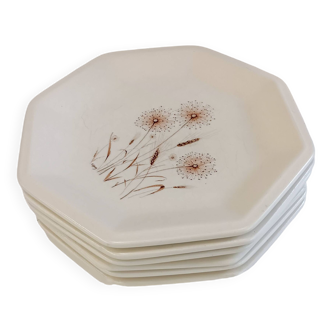 Lot de 6 assiettes à dessert vintage tiffany ceramiche modèle pissenlit hexagonales (1970).