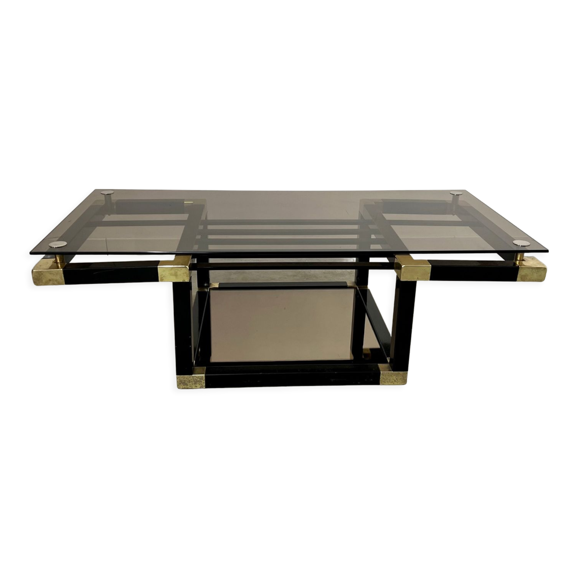 Coffee table in black and gold metal, smoked glass 70 years Romeo Rega vintage