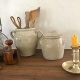 2 enamelled sandstone pots