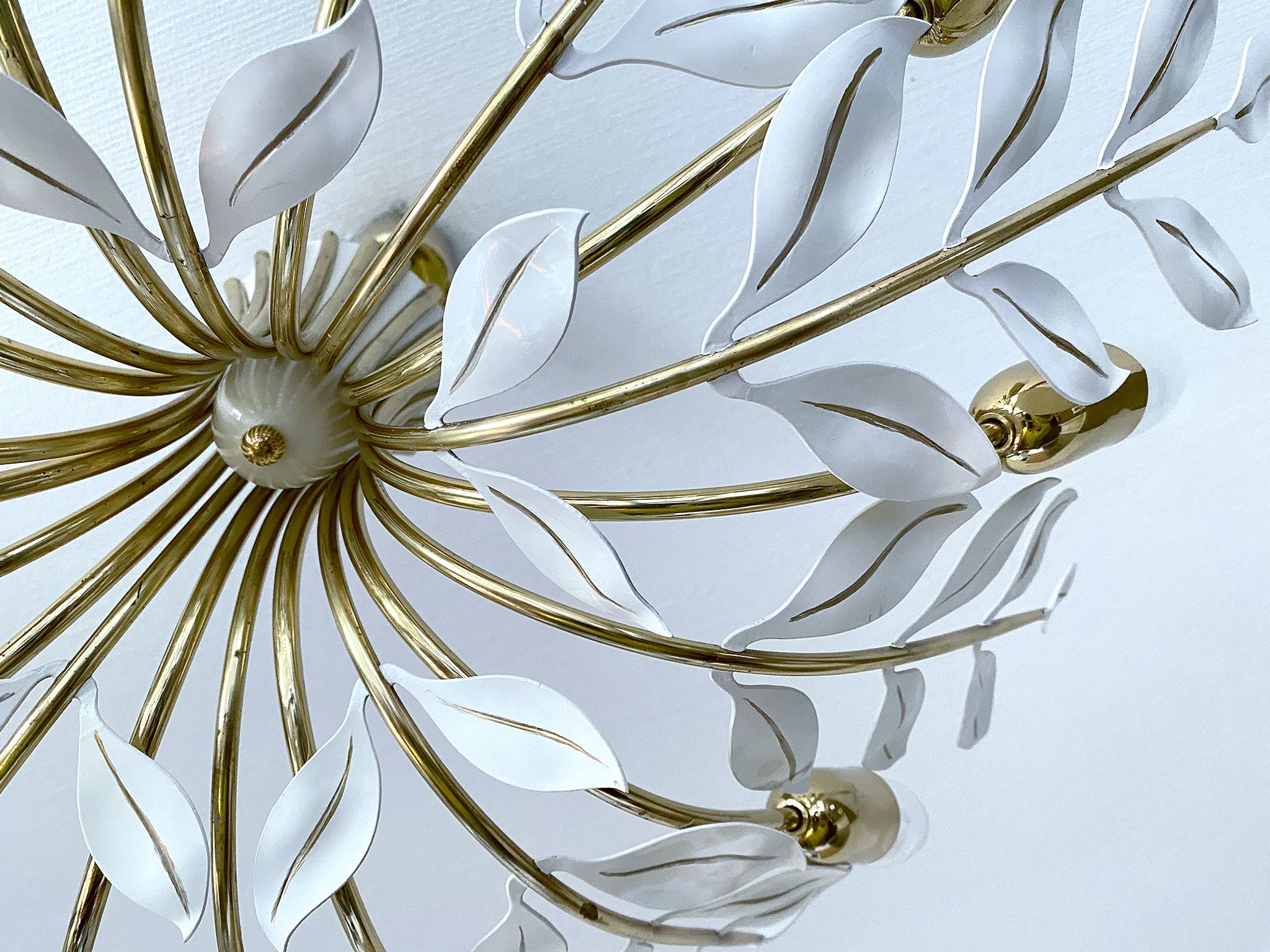 Large Pendant Lamp Vintage Pattern Bouquet Leaves, Brass, White Gold, 50s