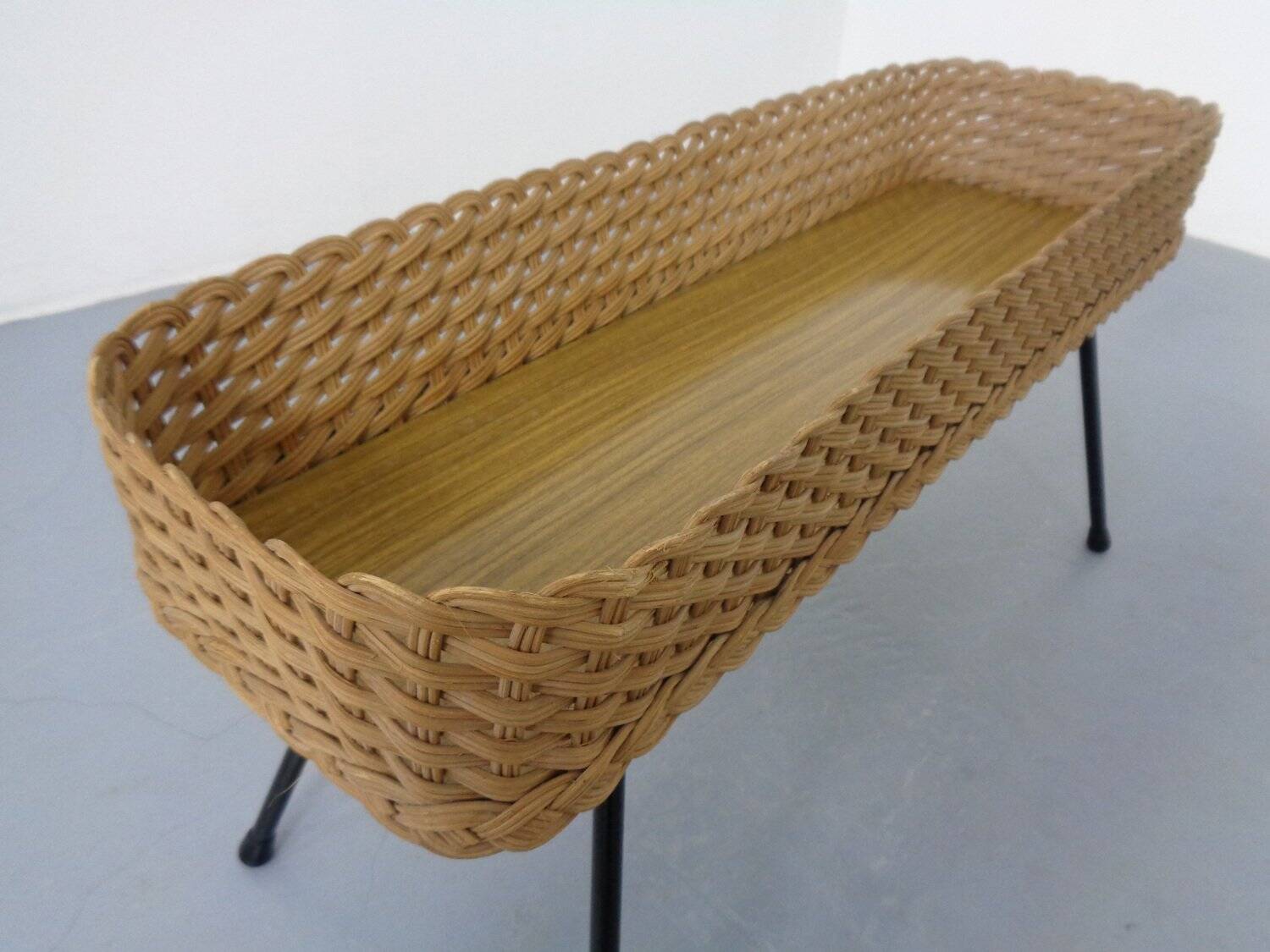 Large German flower planter in rattan and steel, 1950s