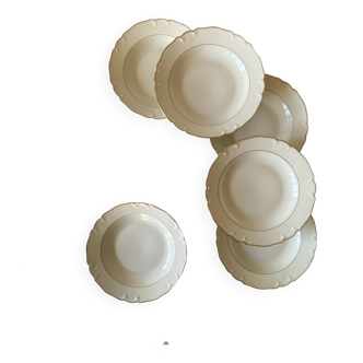 6 antique off-white porcelain soup plates with gold rim from Limoges
