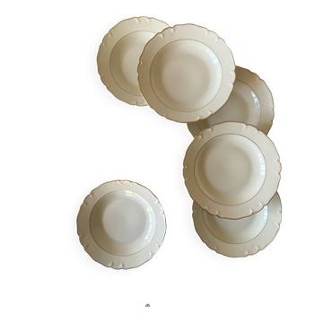 6 assiettes creuses porcelaine ancienne blanc cassé et liseré or Limoges