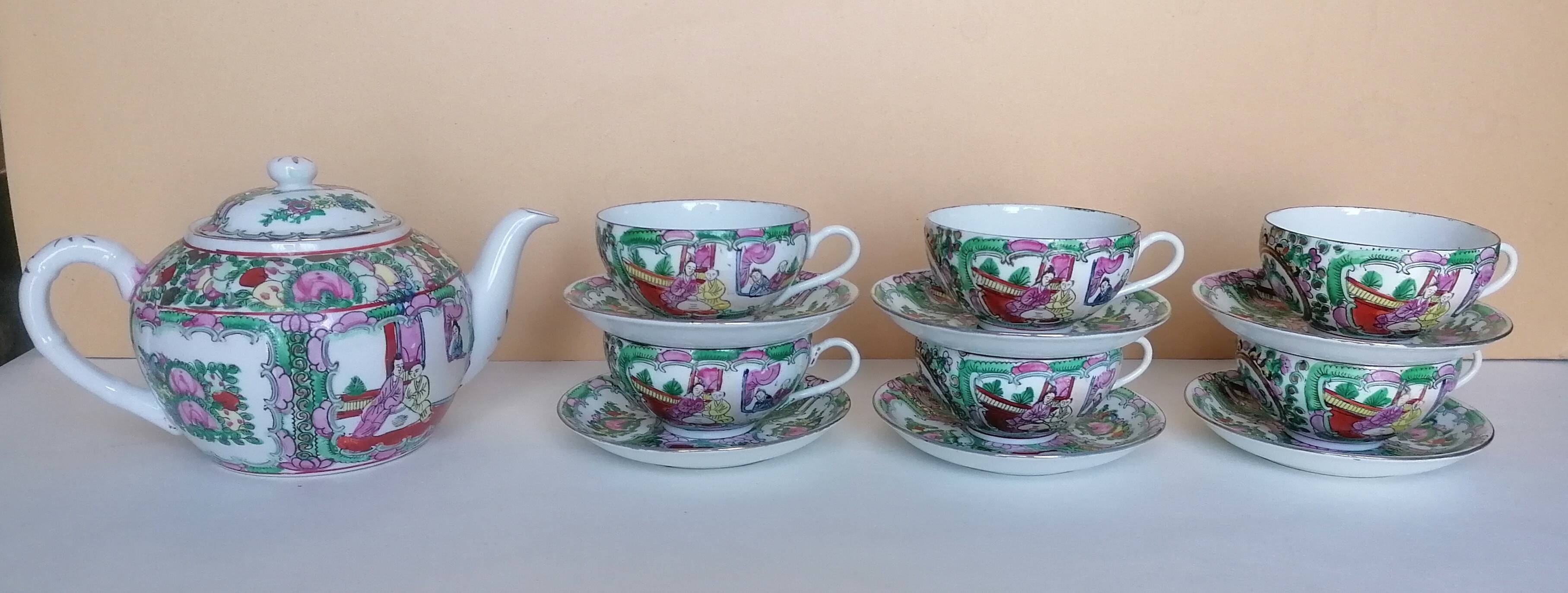 Canton porcelain tea service with 6 cups and teapot.