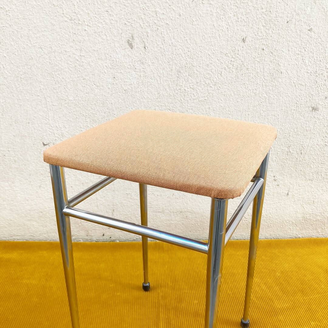 Pair of vintage stools - peach fuzz fabric seat and chrome frame