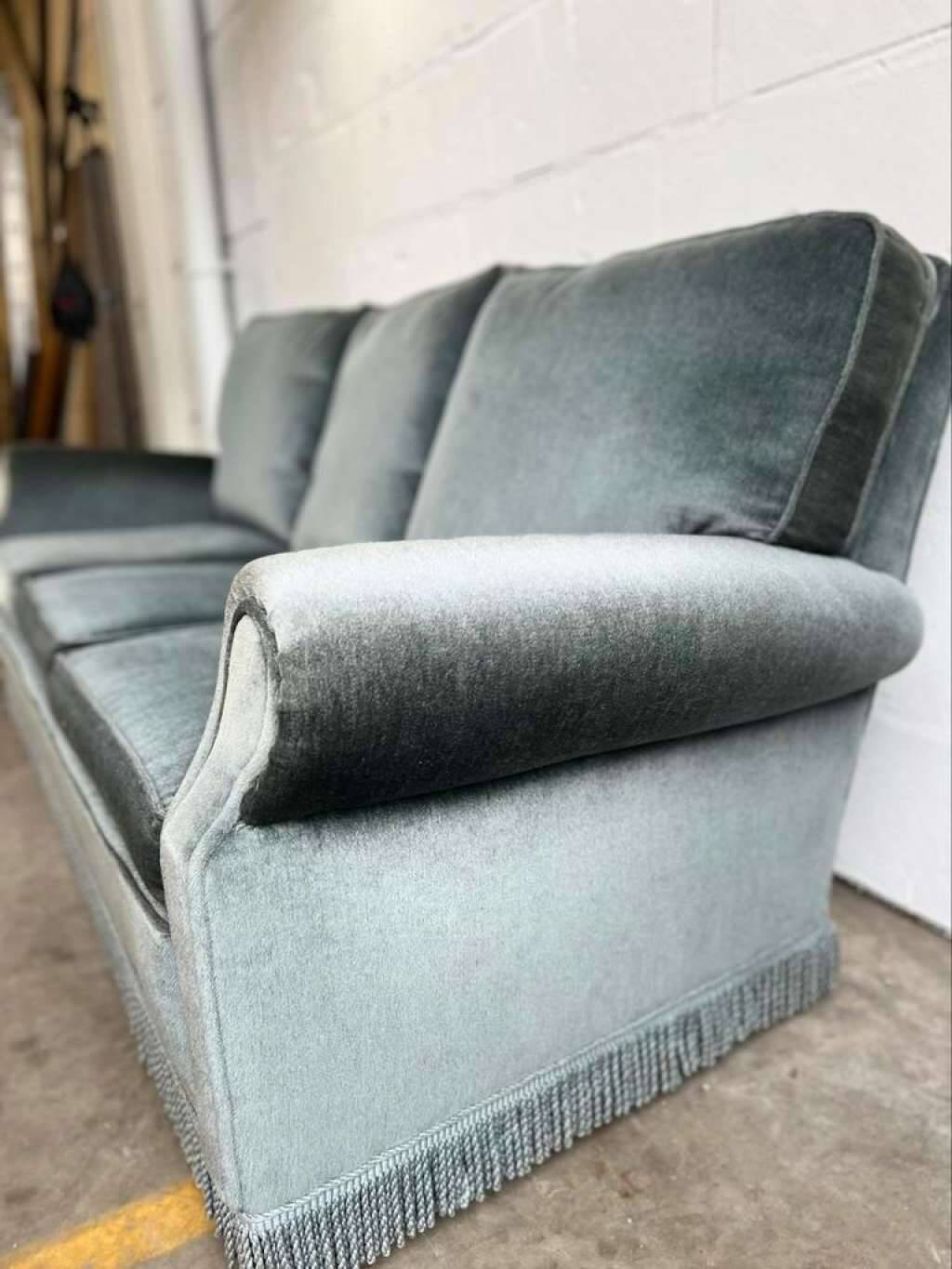 Vintage blue-grey velvet fringed seat / armchair