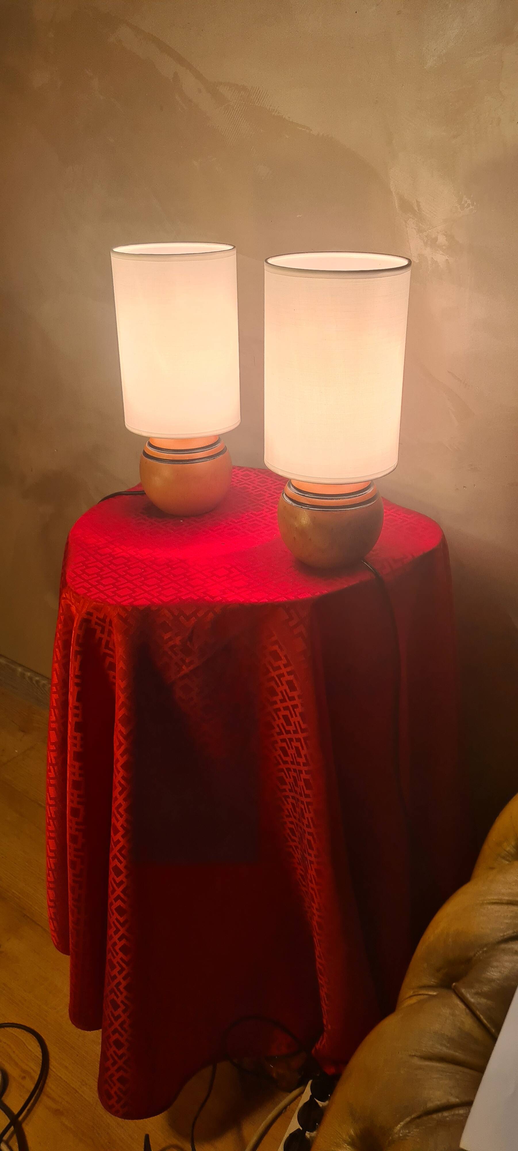 Pair of vintage wooden ball lamps, Scandinavian style bedside lamps, 32 x 14 cm, very good